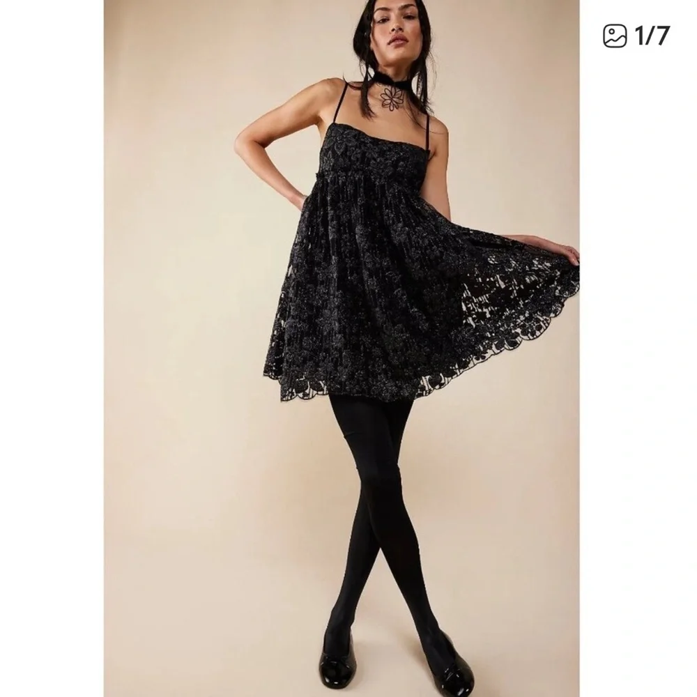 Free People All That Glitter Black Mini Dress. Size L